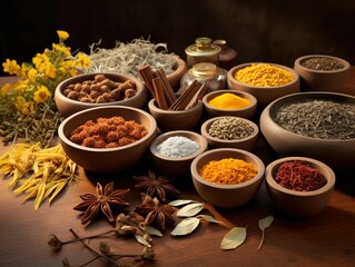 A visually appealing stock photo of herbal ingredients neatly organized on a wooden table. Vibrant colors, lifelike appearance, and artful composition highlight the natural beauty of the herbs