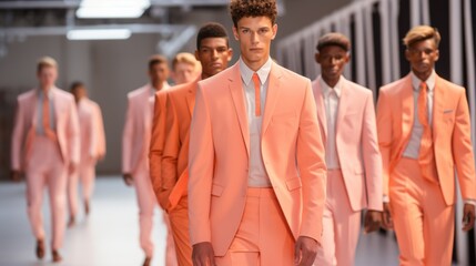 Handsome male models wearing peach suits on the catwalk in a fashion show. The trending color of...