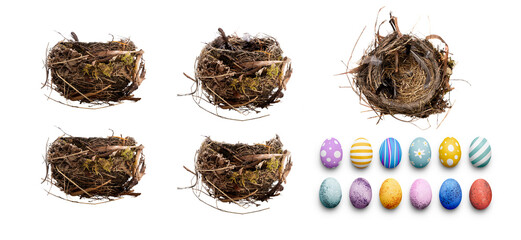 A collection of natural, real birds nests from the side isolated against a transparent background...