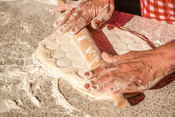 Woman's hands cooks meat dumplings. Sculpting dumplings in the kitchen at home. Process of cooking...