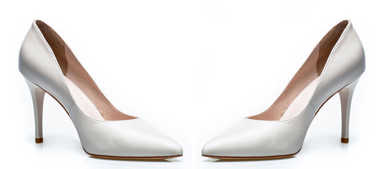 White high heel women shoes on white background. White shoe for women. Beauty and fashion concept....