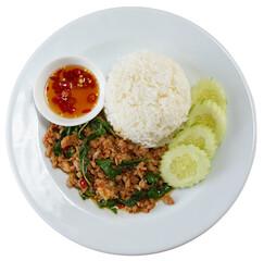 ข้าวผัดกระเพราหมู Rice topped with stir-fried pork and basil