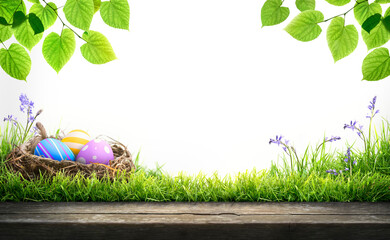 A blank template of three painted easter eggs in a birds nest celebrating a Happy Easter with a wooden bench to place products on with green grass and transparent background