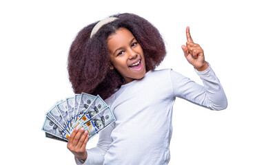 Portrait smile little african american girl, dollar banknotes. Children girl afro dollars 100....