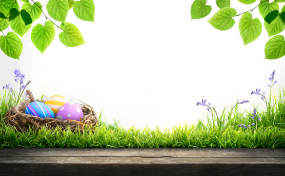 A blank template of three painted easter eggs in a birds nest celebrating a Happy Easter with a wooden bench to place products on with green grass and transparent background - Powered by Adobe