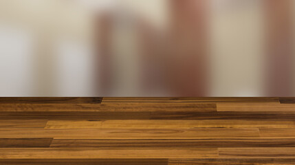 Public female restroom. 3D rendering., Background with empty wooden table. Flooring.