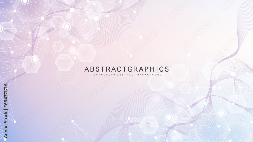 Sticker modern scientific background with hexagons, lines and dots. wave flow abstract background. molecular