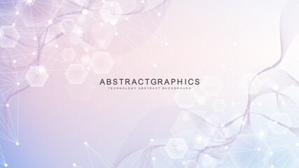 Modern scientific background with hexagons, lines and dots. Wave flow abstract background. Molecular structure for medical, technology, chemistry, science. Vector illustration