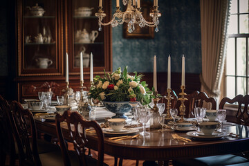 Fototapeta na wymiar An elegant dining room with a long wooden table. 