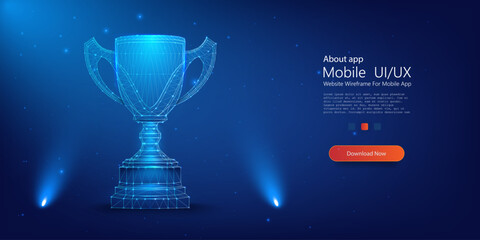 Glowing Digital Trophy Concept Illustration on Dark Background - Achievement and Success Symbol. Trophy cup. Abstract image of a champion cup in the form of a starry sky or space, consisting of points
