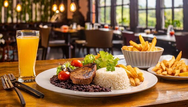 Refei&ccedil;&atilde;o completa de prato feito com arroz, feij&atilde;o, bife e salada em retaurante