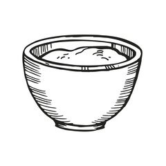 vector sketch of mug with sauce, hand drawn vector illustration of tomato sauce for fast food, doodle graphic, black and white color, monochrome