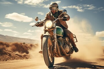 Adventurous Man riding motorcycle. Summer fast vehicle. Generate Ai