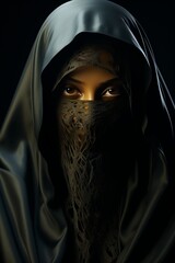 Naklejka premium Veiled individual's shadowy silhouette using carefully crafted studio lighting, Generative AI