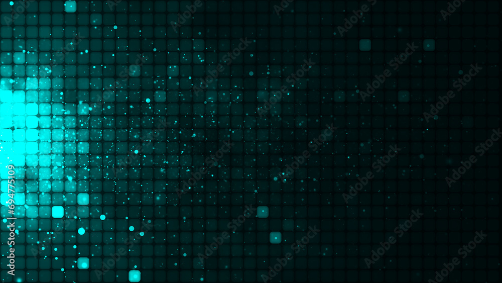 Wall mural turquoise mosaic background in technology concept. abstract green led squares and particles. technol