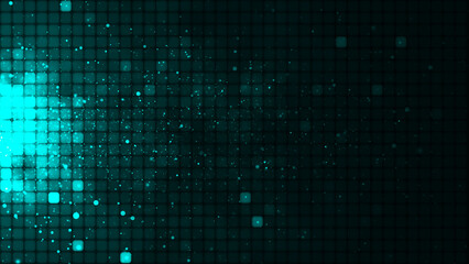 Turquoise mosaic background in technology concept. Abstract green LED squares and particles. Technology digital square turquoise color background. Green pixel grid background. 3D rendering - obrazy, fototapety, plakaty