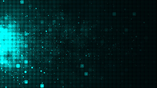 Turquoise mosaic background in technology concept. Abstract green LED squares and particles. Technology digital square turquoise color background. Green pixel grid background. 3D rendering
