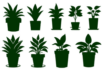 Set different potted houseplants silhouettes. Indoor flowers or plants in flower pots flat vector illustrations collection - obrazy, fototapety, plakaty