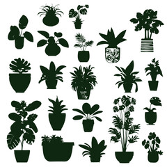 Collection silhouettes houseplants. Potted plants isolated on white. Set green tropical plants. Trendy home decor with indoor plants, planters