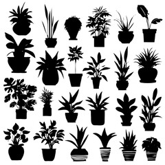 Collection silhouettes houseplants. Potted plants isolated on white. Set green tropical plants. Trendy home decor with indoor plants, planters