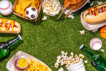 Traditional sport stadium foods and beer background - obrazy, fototapety, plakaty