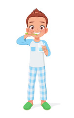 Cute young boy brushing his teeth. Cartoon vector illustration.