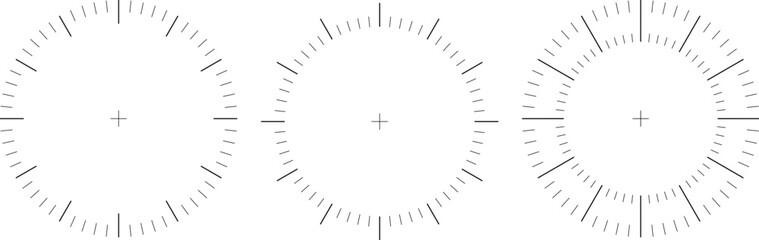 Clock face vector circle. Thermometer elegant degree or weight measuring analogue watches. Speedometer or chrono meter dot marked time scale. - obrazy, fototapety, plakaty