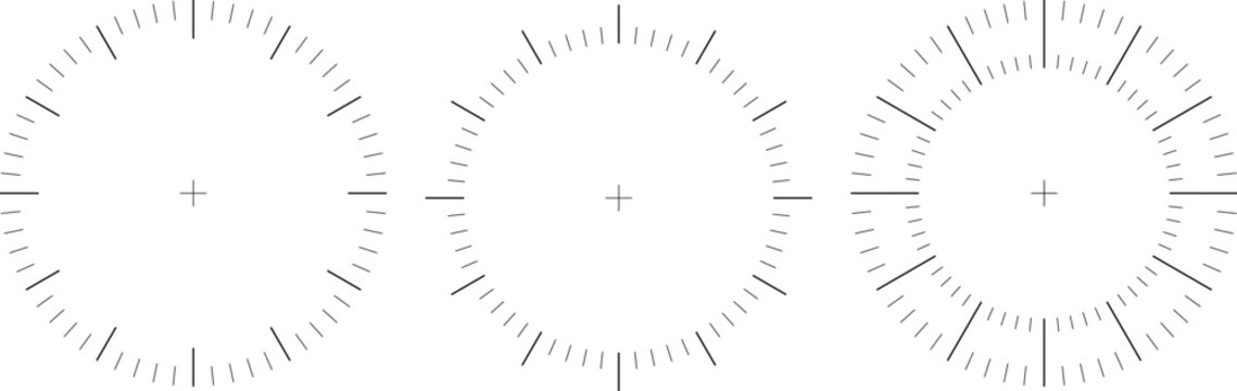 Clock face vector circle. Thermometer elegant degree or weight measuring analogue watches. Speedometer or chrono meter dot marked time scale.