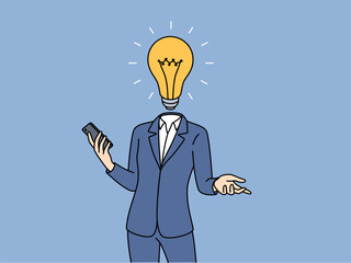 Businessman with light bulb instead of head came up with idea to develop business or launch successful startup. Human in formal suit holds phone in hand and offers ideas to increase company profits