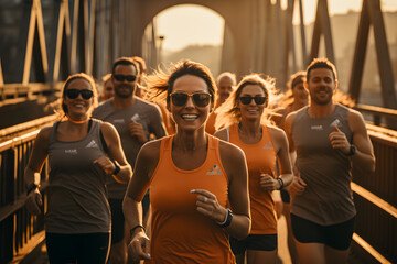 a group of people running on a bridge, in the style of orange and amber, happy expression, Group of young people in sports clothing jogging together outdoors.Ai