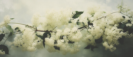 Elderberry blossom, close up photograph, wide scale image for backgrounds.