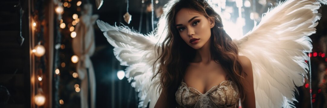 Beautiful Woman in Wings and Kinks - Kitsch Aesthetics Fashion Style Background - Chicano-inspired Angelic Photograph Touch of Xmaspunk - Sexy Angel Wallpaper created with Generative AI Technology