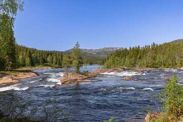 A vibrant summer scene captures the cascading Namsen River in Namsskogan, Trondelag, Norway, with...