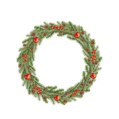 Watercolor illustration of a Christmas wreath from Christmas tree branches. Festive illustration for logo, New Year cards. Hand drawn Christmas wreath