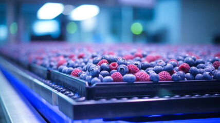 Clean and fresh blueberries and raspberries, tape in the food industry, products ready for...