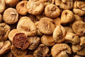 Many tasty dried figs as background, top view