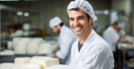Portrait of food production technician or industry male quality control expert looking at camera and smiling at cheese manufacturing factory.

