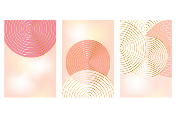 Aesthetic geometric poster set with gold circles, pink shade gradient background. Elegant design for festival or corporate event party with copy space. Luxury template with glowing gold lines.
