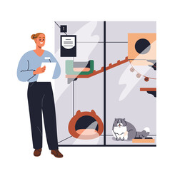 Cat and assistant in pet hotel. Cattery worker caring about feline guest. Housing, accommodation, animal service. Temporary living for kitty. Flat vector illustration isolated on white background