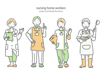 Naklejka premium 福祉施設で働くスタッフ シンプルでお洒落な線画イラスト