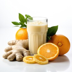 orange, ginger, turmeric shake white background, healthy immune system
