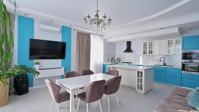 interior apartment room, home decoration. kitchen and dining room, refectory area, cooking equipment, table furniture, stove