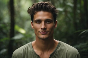 Handsome young sexy smiling man in the forest, jungle, tropics, botanical garden.