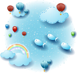 Landscape with clauds, balloon and flying fisches.Vector illustration eps10