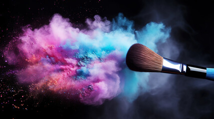 A soft makeup brush releases colourful powder into a dusty, expansive cloud. Black background. Generative AI - obrazy, fototapety, plakaty