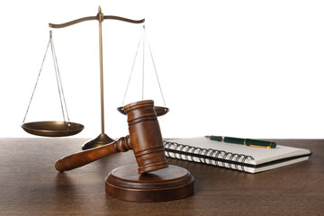 Law concept. Gavel, scales of justice, notebook and pen on wooden table against white background