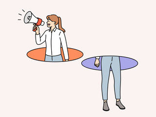 Woman with megaphone calls for visiting approaching sale by leaning out of hole. Girl promoter conducts marketing events and advertising campaign using megaphone to attract customers to new store