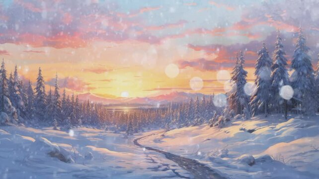 Winter landscape with snowfall in the middle of the forest with a path at sunrise Seamless looping time-lapse animation background. Generative AI