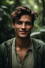 Handsome young sexy smiling man in the forest, jungle, tropics, botanical garden.