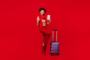 Traveler winner woman wear sweater hat scarf hold suitcase bag passport ticket isolated on plain...